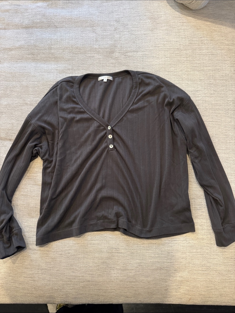 Zsupply Pointelle Long Sleeve Henley Top - Charcoal